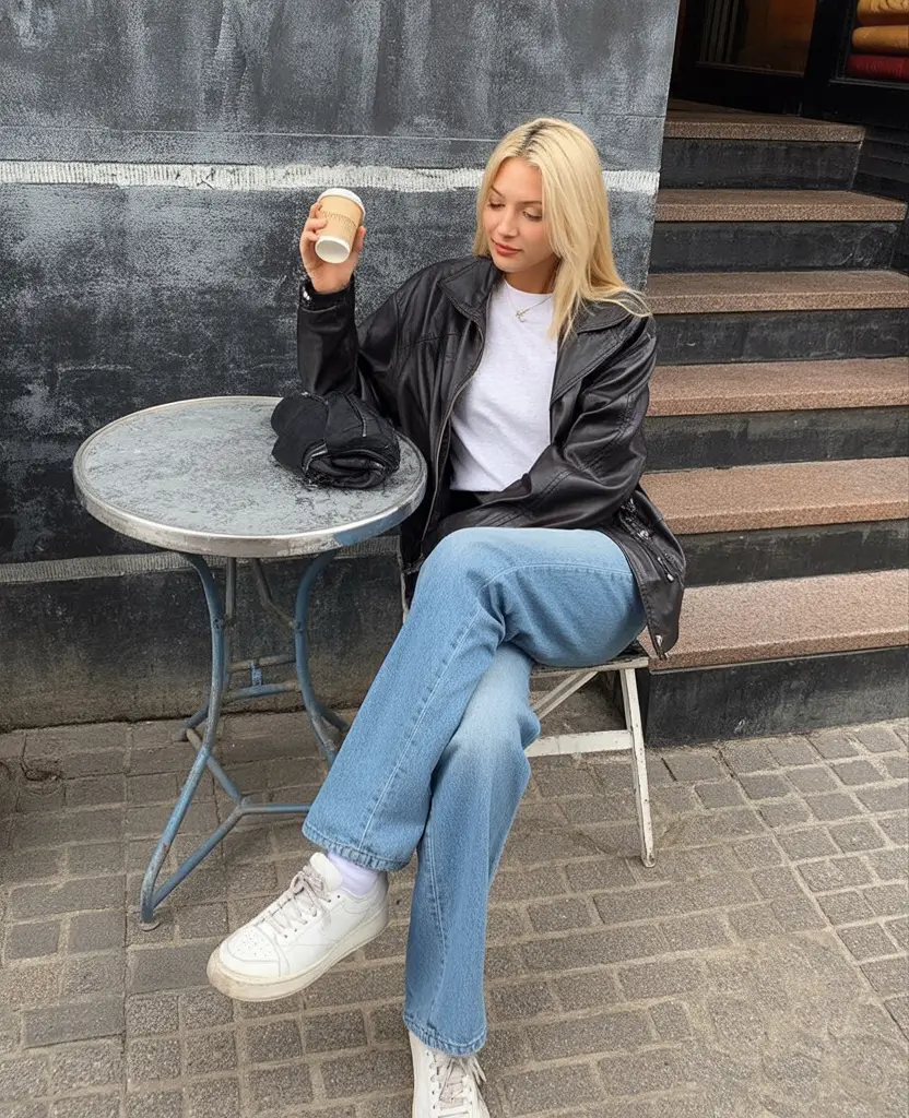 Oversized leather jacket with white tee and denim