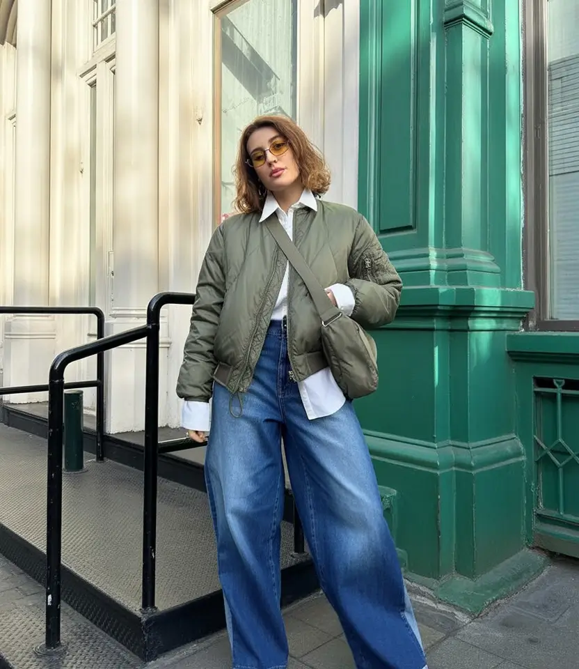 Olive quilted bomber jacket with wide-leg jeans