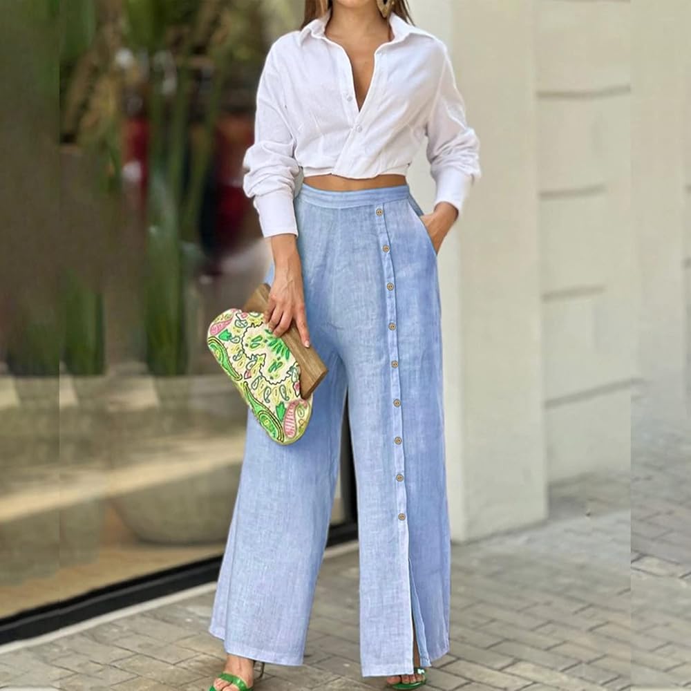 Button-Down Shirt with Wide-Leg Pants