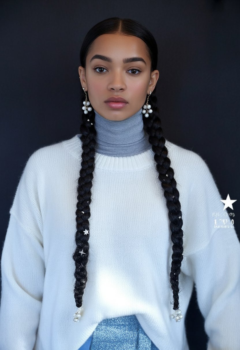Long Twin Braids With Stars