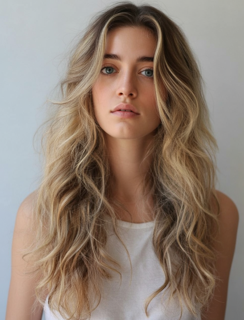 Long golden dirty blonde with bright ends