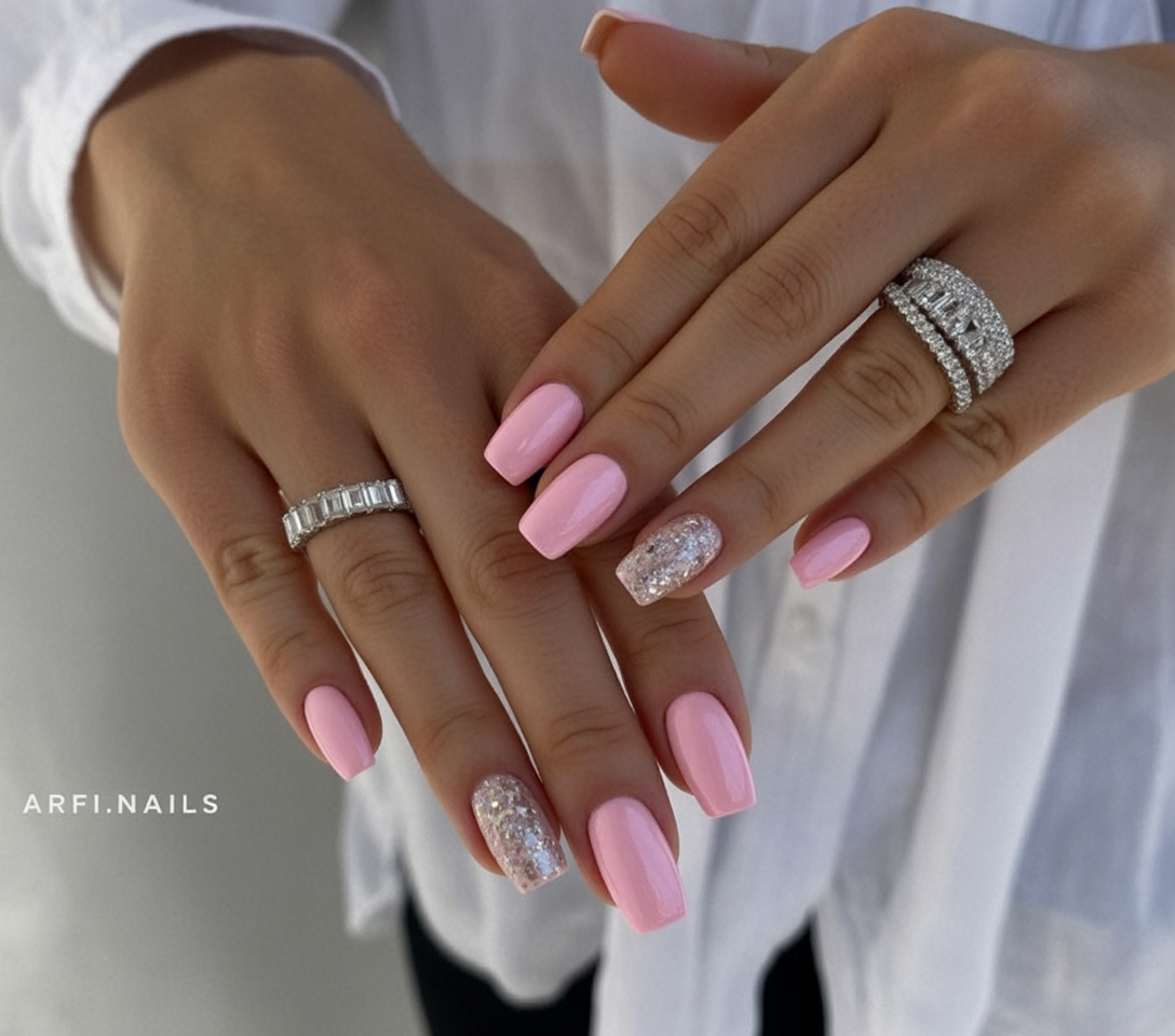 Pink Nails With Silver Glitter Accent