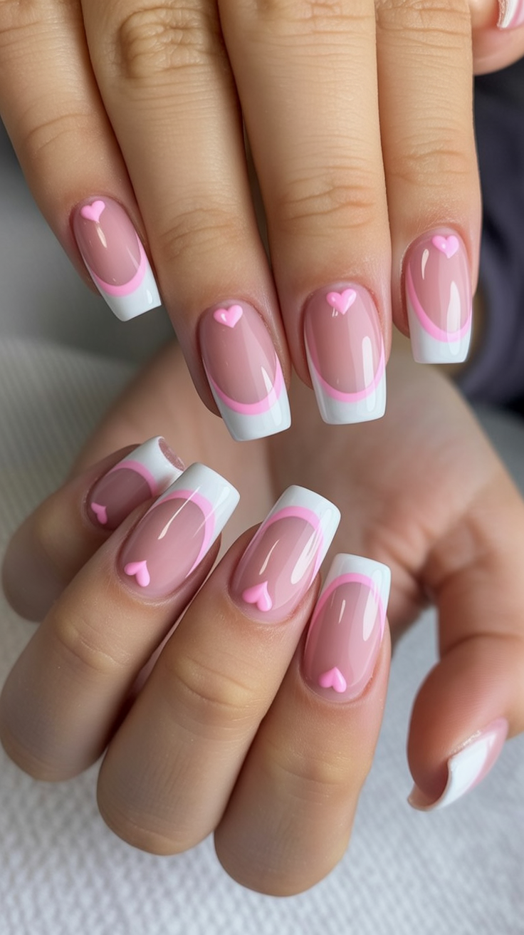 Pink Heart French Nails