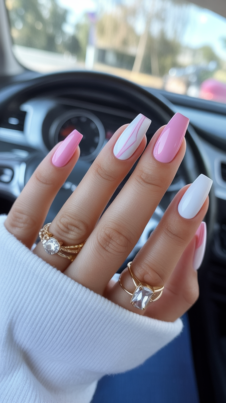Long Pink And White Car Ride Nails