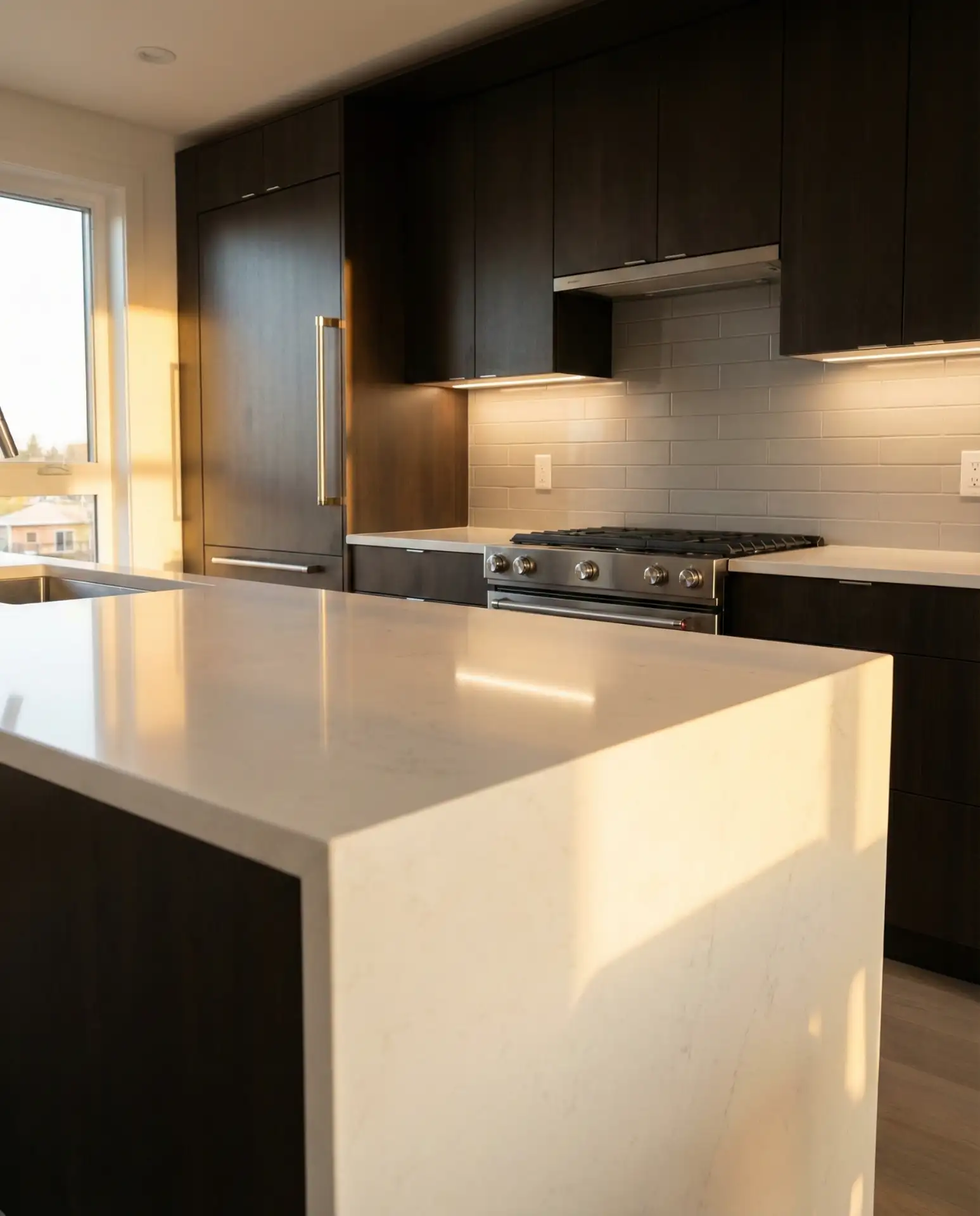 Contemporary Double-Galley Featuring Waterfall Countertops