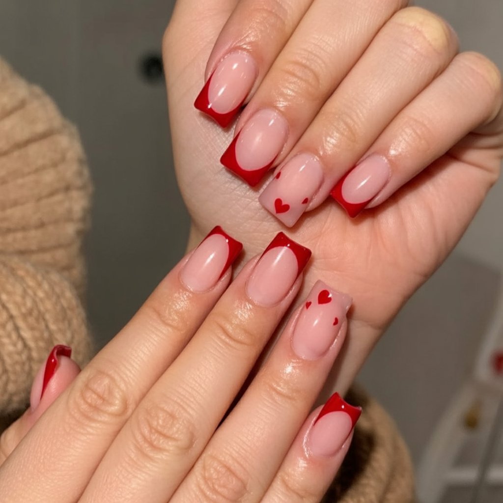 Tiny red hearts on classic square french tips