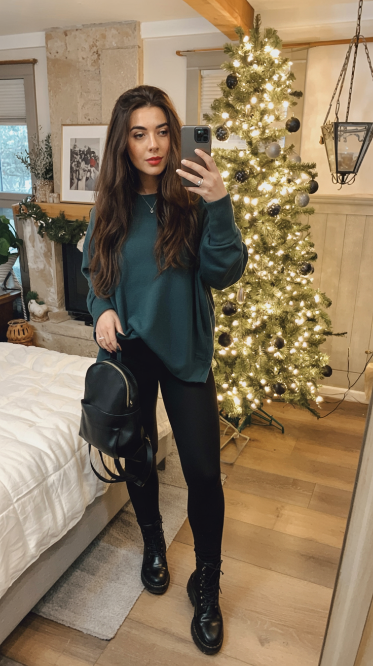 green sweatshirt with black leggings