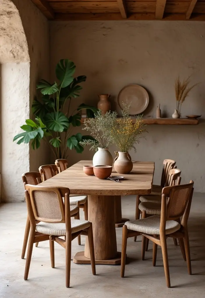 light oak dining table with clay pots and wooden bowls