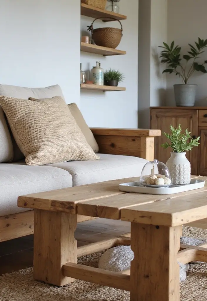 reclaimed wood furniture and jute rug