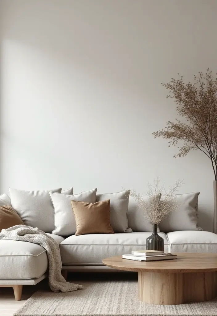 neutral living room with beige sofa and white walls