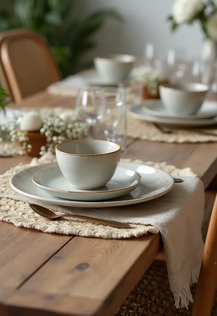 wooden dining table with woven chairs and linen runner