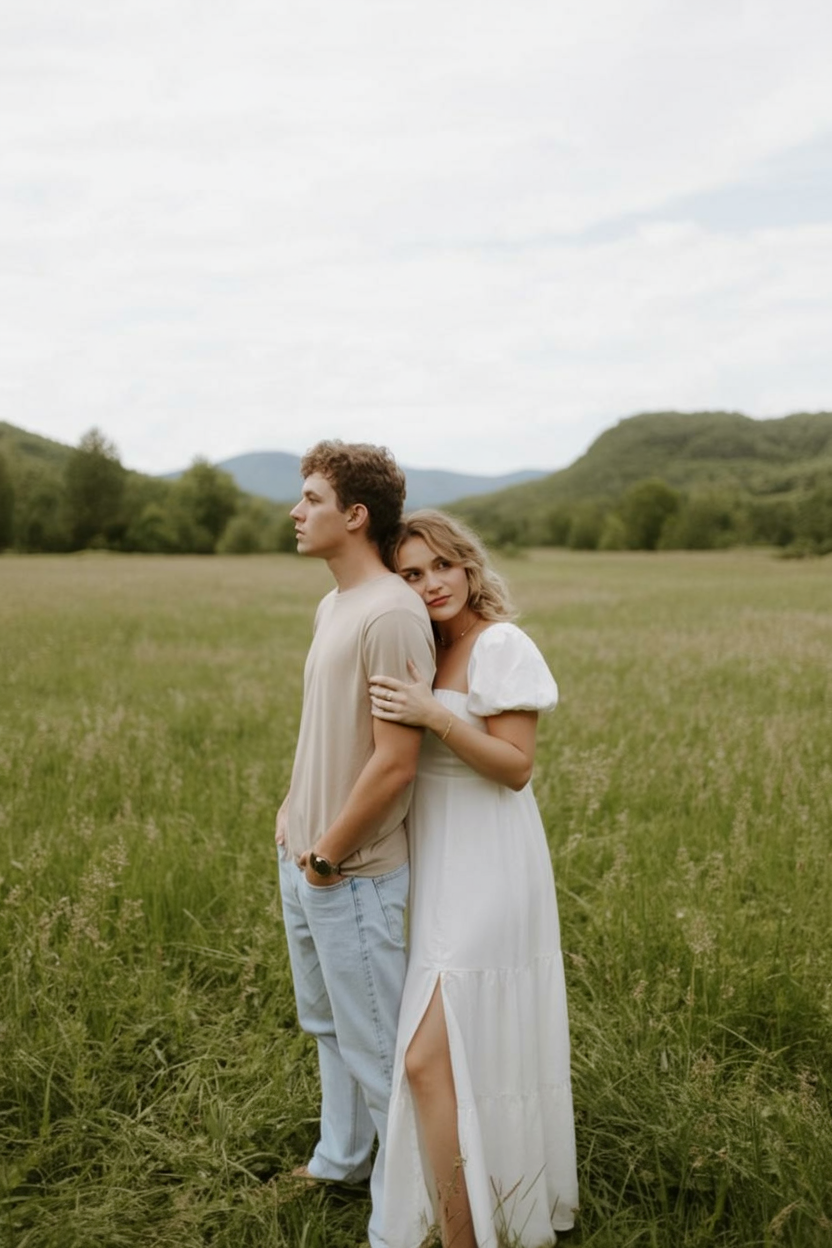 Flowing white dress for meadow engagement photos