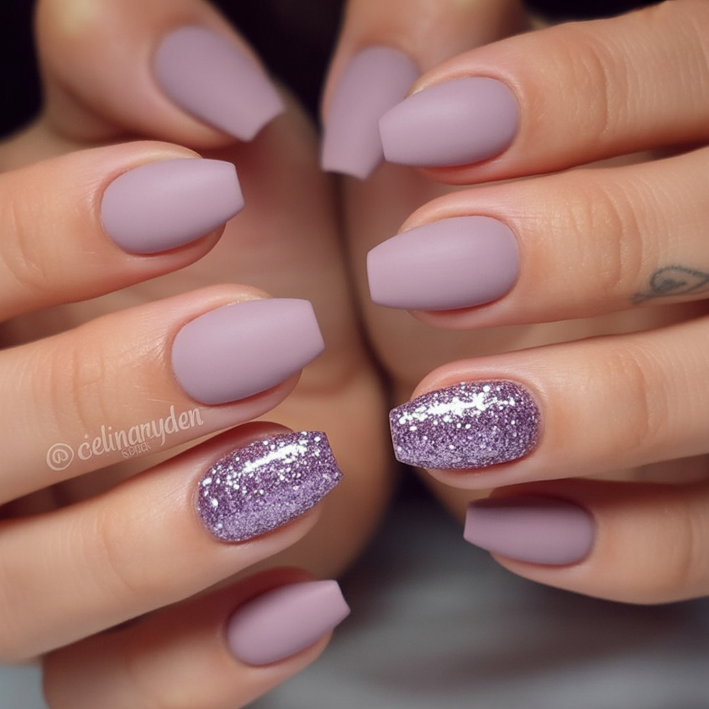 Matte Mauve Ballerina Nails with Glitter