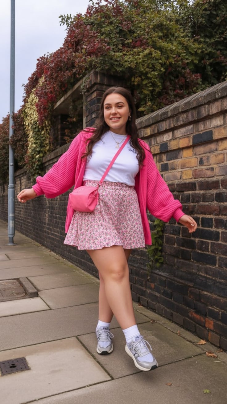 Pink cardigan with floral skirt and sneakers