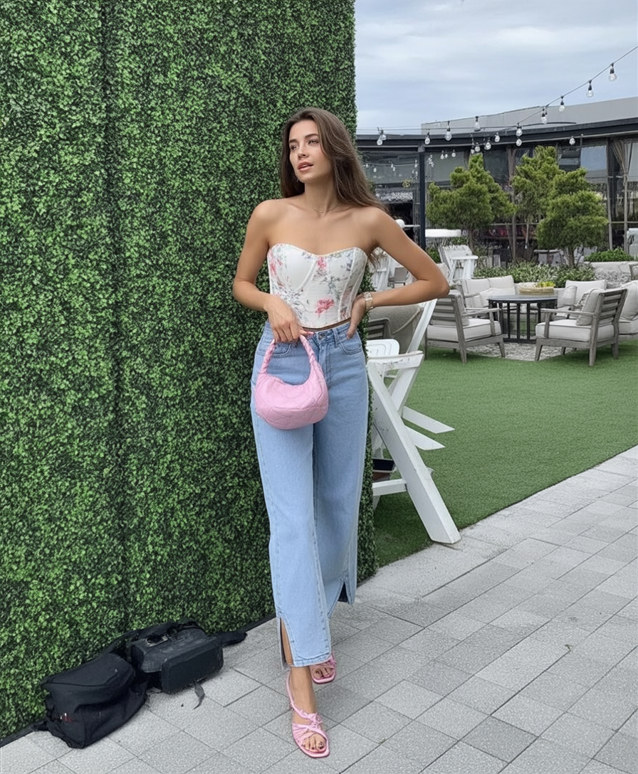 Floral Corset with Straight-Leg Jeans