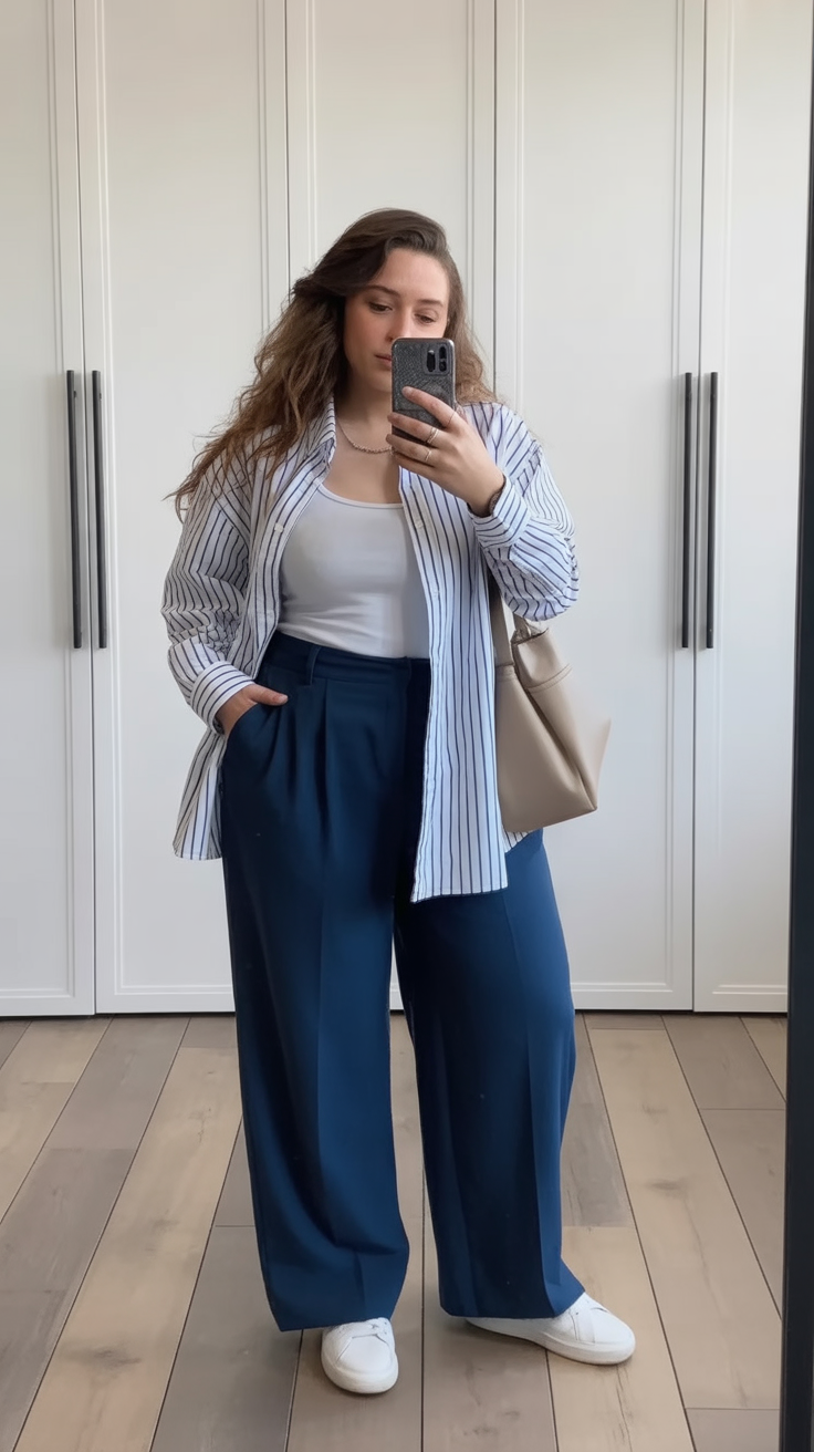 Wide-leg pants with striped shirt