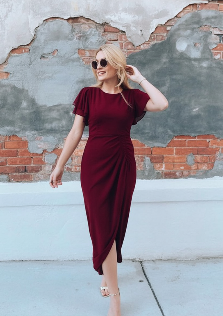 Ruched Burgundy Midi Cocktail Dress