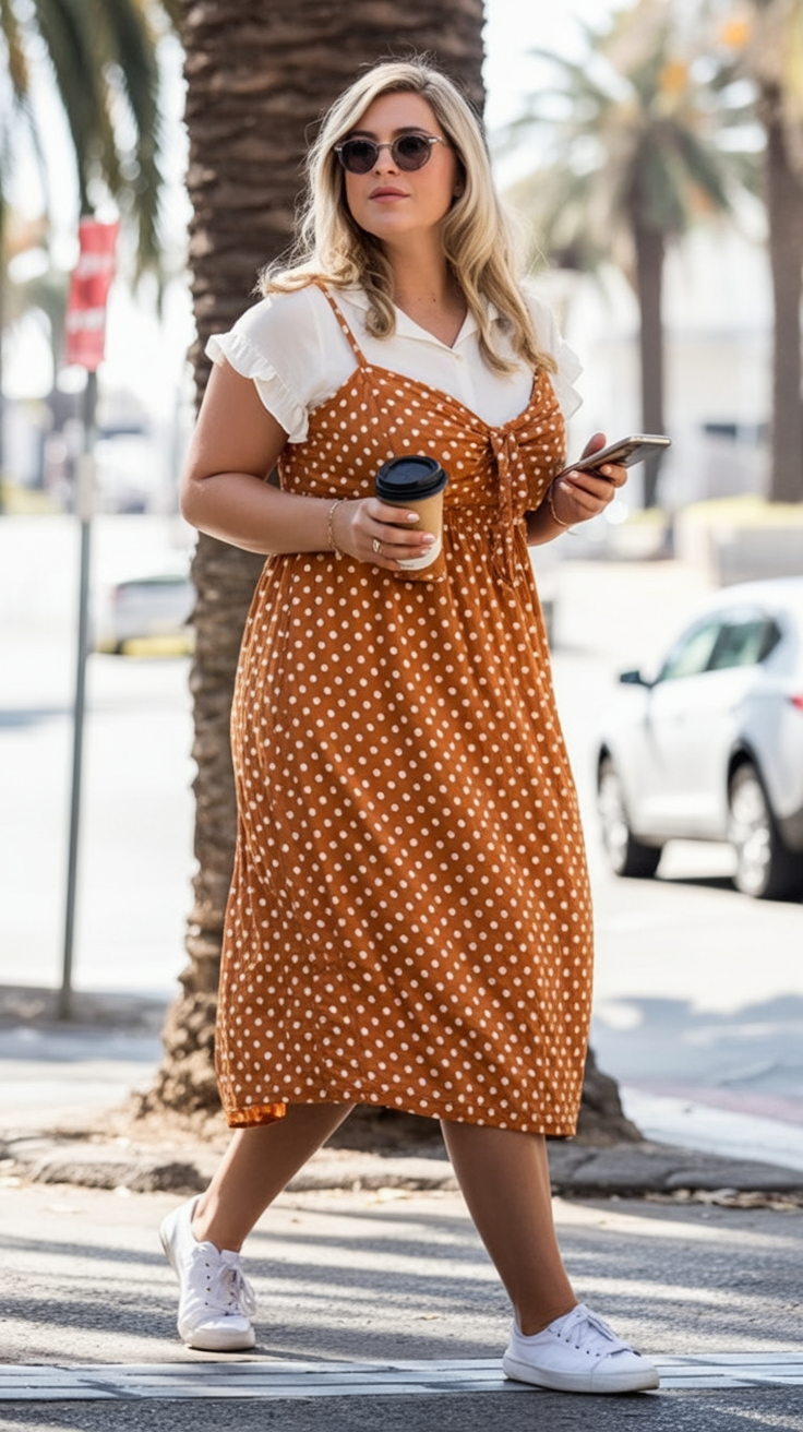 Polka dot midi dress with sneakers
