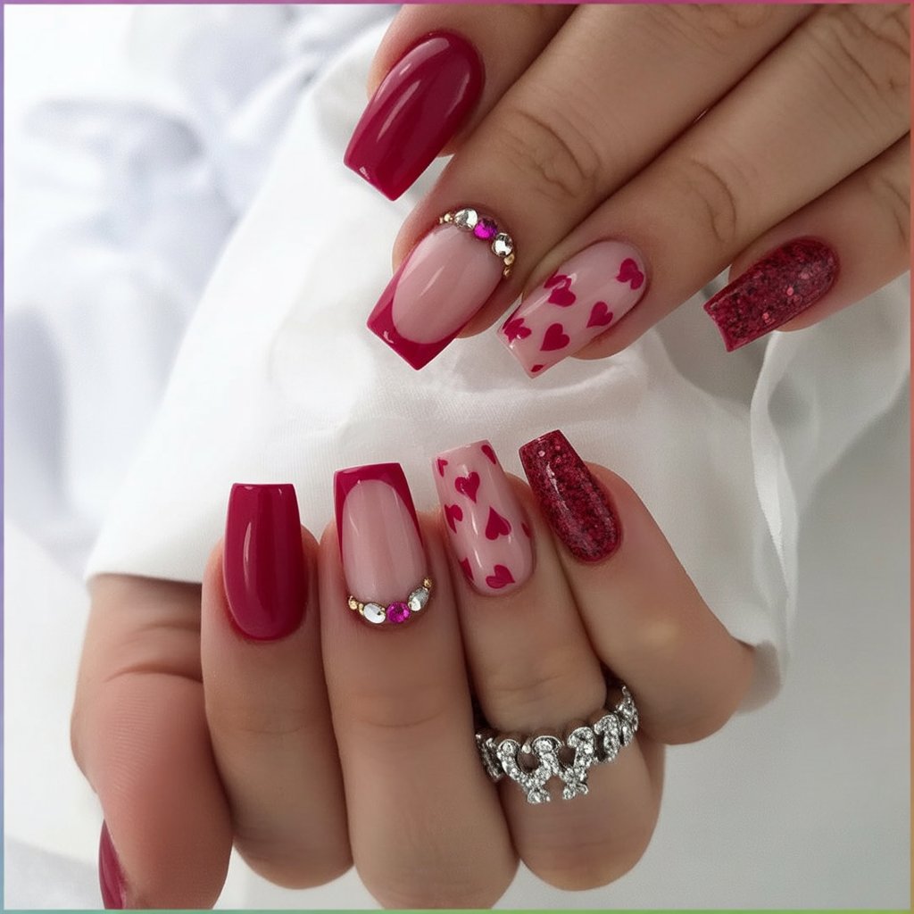 Bright red and heart confetti nails