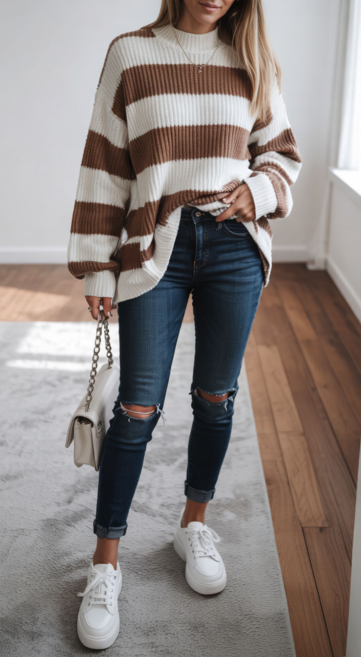 striped knit with denim