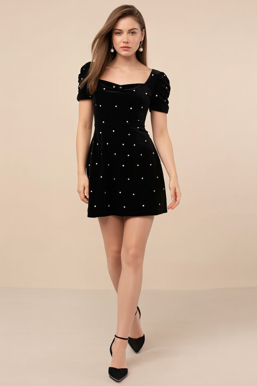 Pearl-Studded Black Velvet Mini Dress
