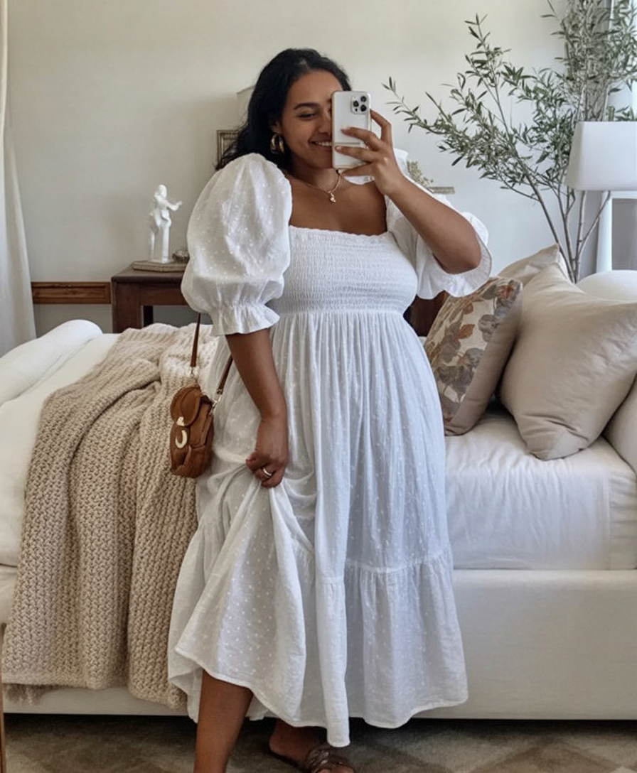 Soft white smocked midi dress