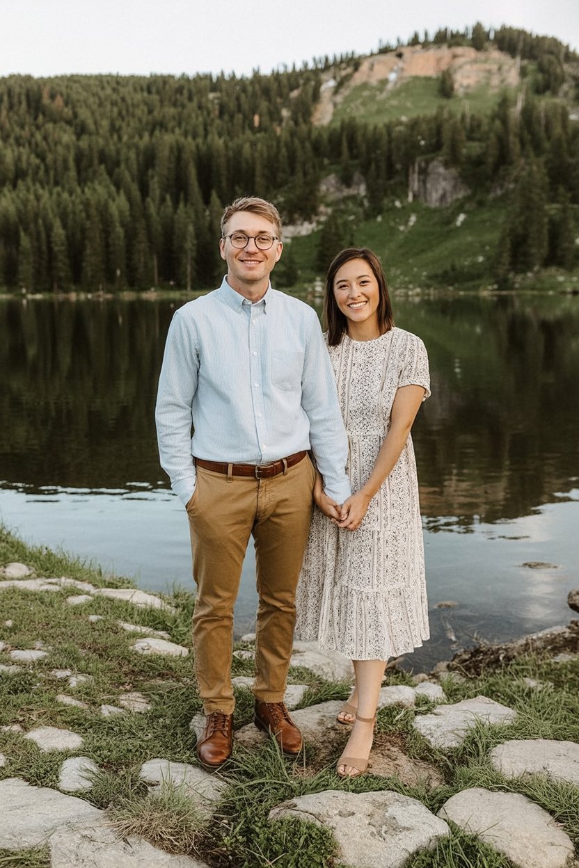 Soft patterned dress by the lake