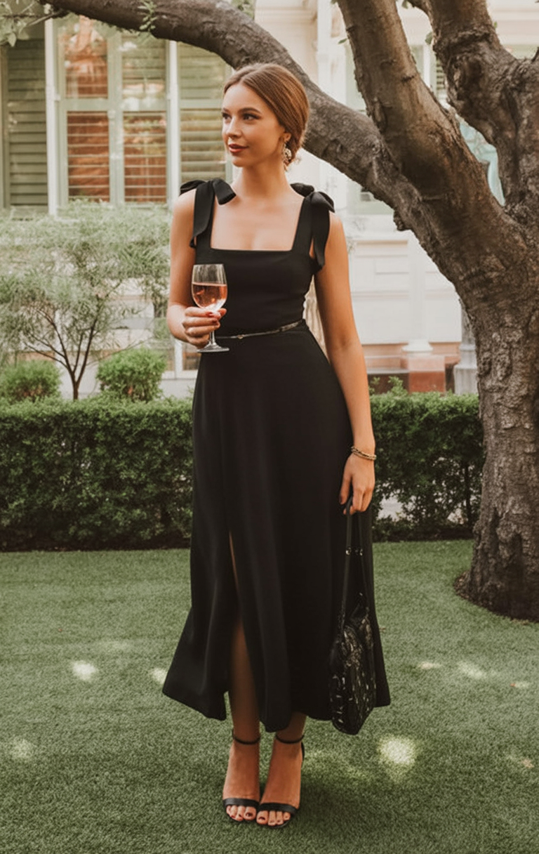 Bow-Strap Black Maxi Cocktail Dress