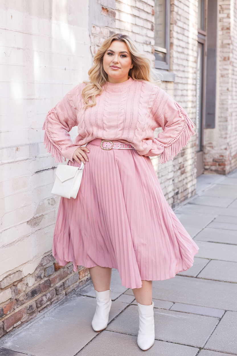 pink cable knit with pleated skirt