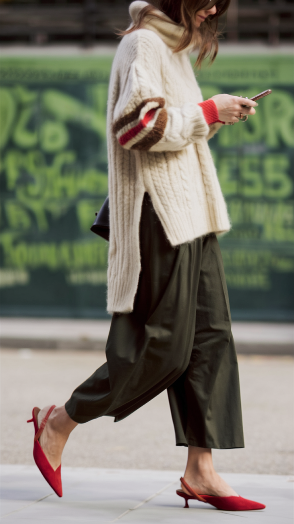 Oversized knit sweater and wide-leg trousers with red heels