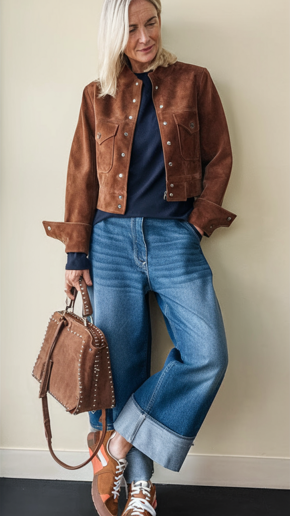 Cropped suede jacket with cuffed jeans and brown sneakers