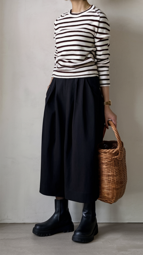 Striped top with wide black trousers and chunky boots