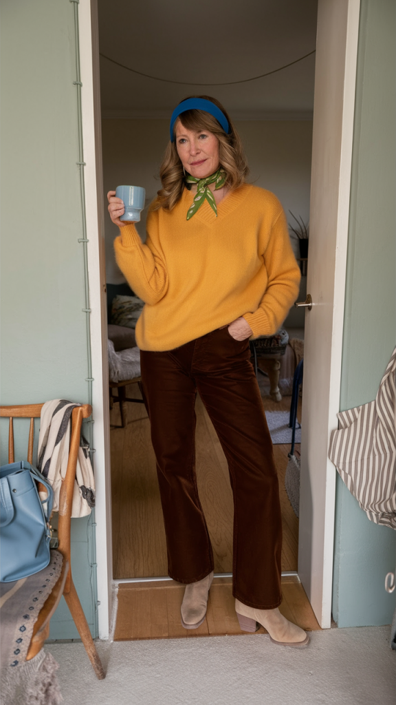 Mustard sweater with brown corduroy trousers and scarf