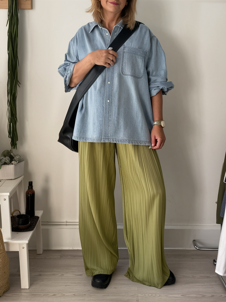 Green pleated trousers with oversized denim shirt