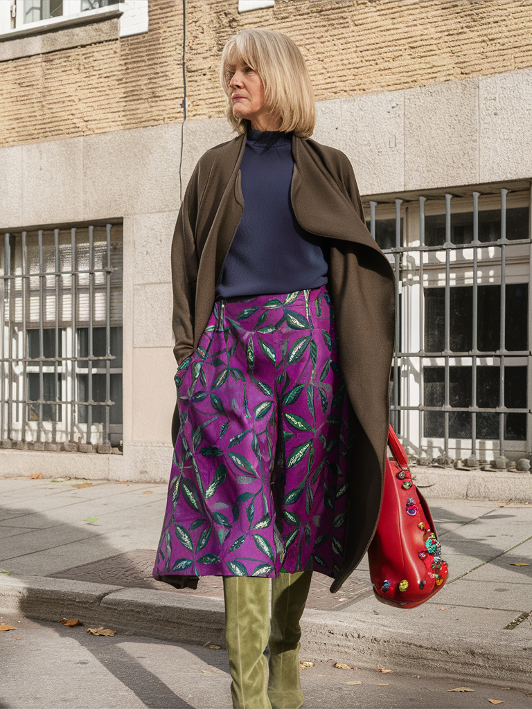 Olive coat with purple floral skirt and green boots