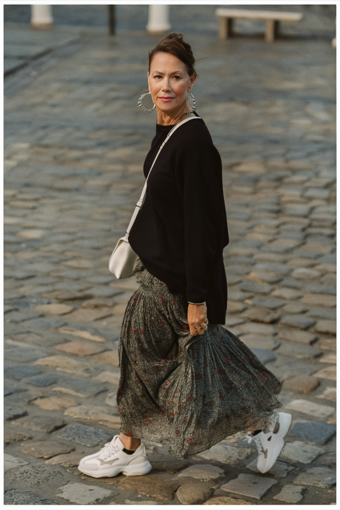Floral maxi dress with black sweater and white sneakers
