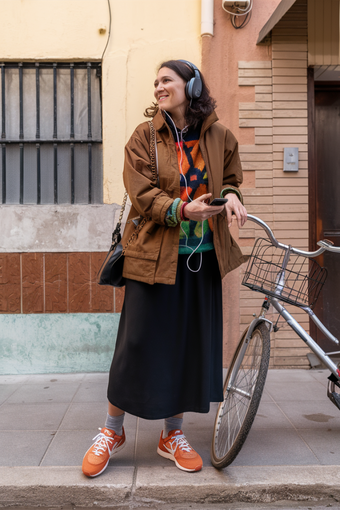 Brown corduroy jacket with patterned top and black culottes
