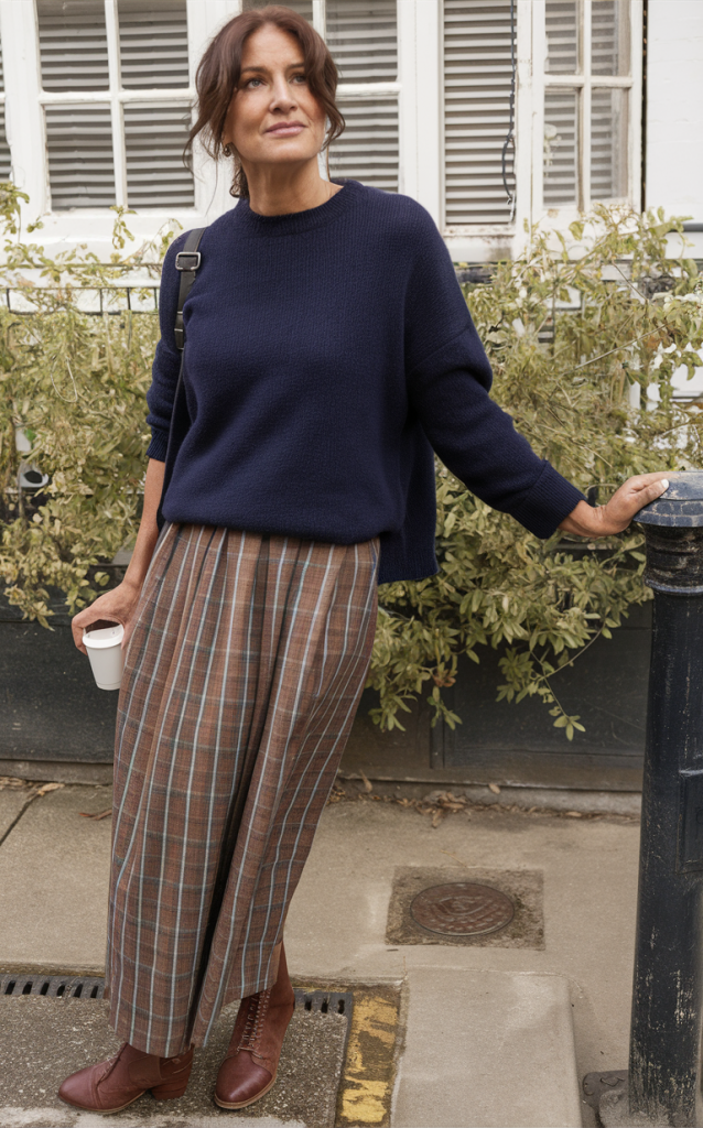 Navy sweater with plaid skirt and brown boots