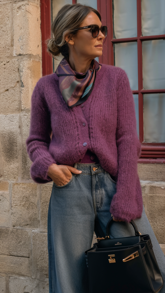 Plum mohair cardigan with wide-leg denim