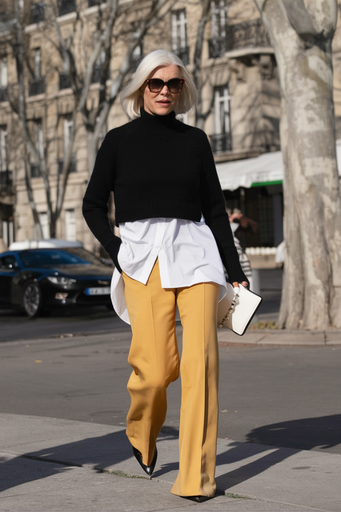 Mustard trousers with black and white layered tops