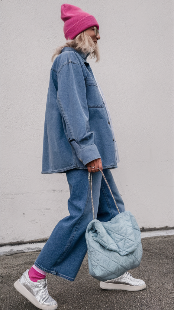 Denim jacket and jeans outfit with colorful accessories