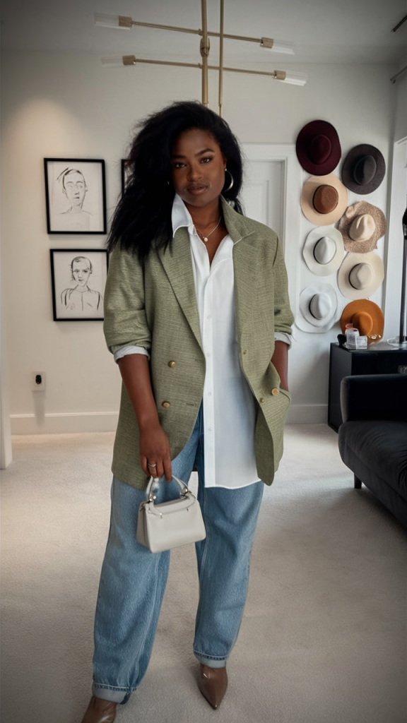 Olive oversized blazer with blue jeans