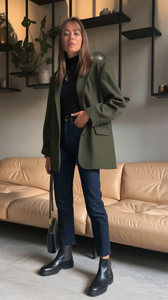 Olive blazer and dark jeans