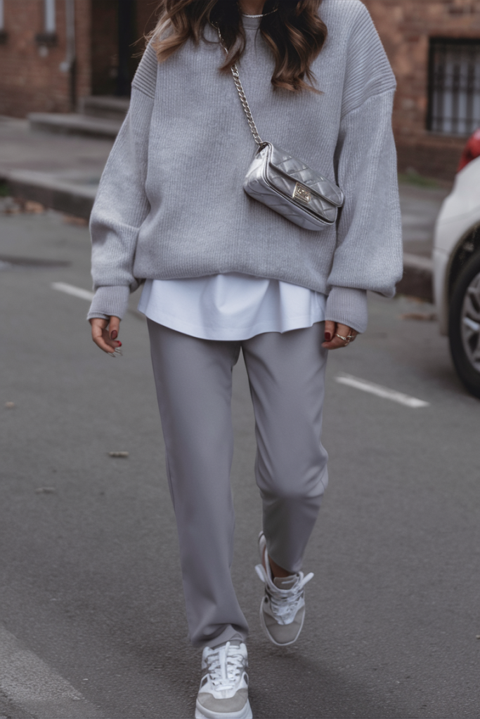 Loose knit sweater with tailored trousers