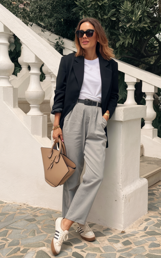 Black blazer with beige trousers