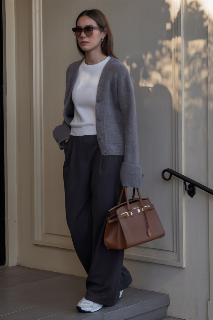 Layered outfit with gray cardigan and charcoal trousers