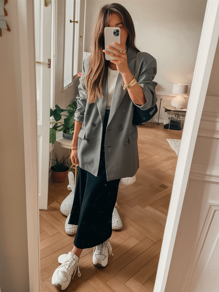 Gray blazer with black midi skirt