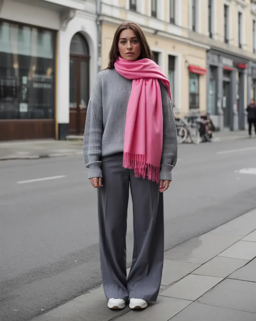 Gray sweater outfit with pink scarf