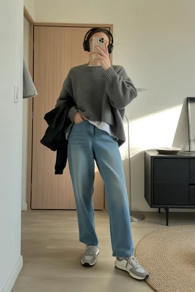 Grey sweater with light blue jeans