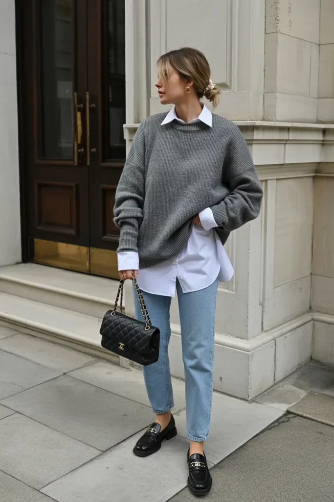 Grey sweater layered with white shirt and jeans
